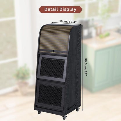 4 Tier Narrow Potato Storage Bin, Tall Wood Potato and Onion Storage Bin with Wheel, Movable Fruit and Vegetable Basket, Food Small Kitchen Pantry Cabinet, Wooden Bread Box, Walnut, Sliding Door