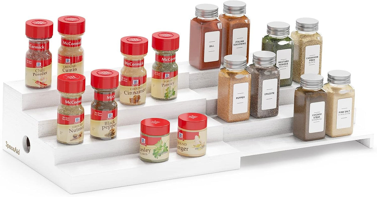 SpaceAid 4 Tier Bamboo Spice Rack Organizer for Cabinet, Kitchen Pantry Spices Storage Rack for Cabinets Organization, Home Seasoning Tiered Can Goods Racks Wood Shelf Organizers (4 Tier, Natural)