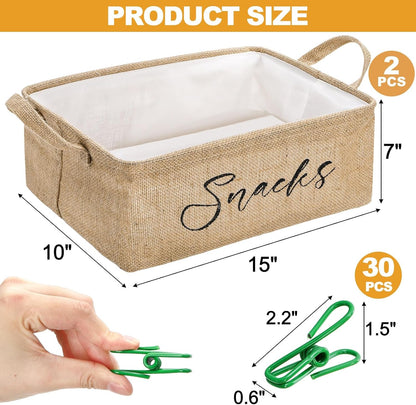 DEAYOU 2 Pack Snack Organizer for Pantry, Burlap Snack Storage Bins with 30 Pcs Bag Clips, Foldable Basket Containers with Handle for Countertop, Kitchen, Office, Chips, Popcorn, Candy, Pretzels