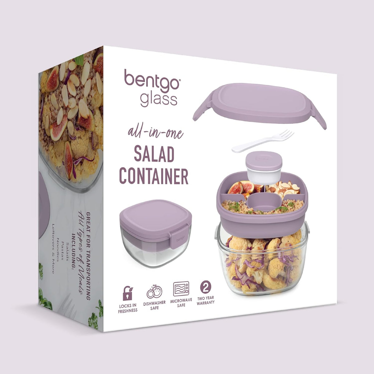 Bentgo Glass Prints Salad Container - 7.6-Cup Tinted Glass Salad Bowl with Airtight Lid, Leak-Proof Sauce Container, 4-Compartment Bento Meal Prep Tray & Reusable Fork (Floral Maximalist - Sea)
