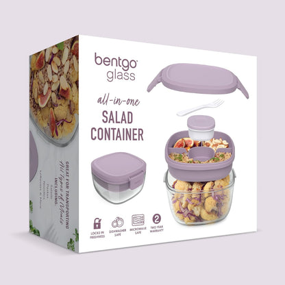 Bentgo Glass Prints Salad Container - 7.6-Cup Tinted Glass Salad Bowl with Airtight Lid, Leak-Proof Sauce Container, 4-Compartment Bento Meal Prep Tray & Reusable Fork (Floral Maximalist - Sea)