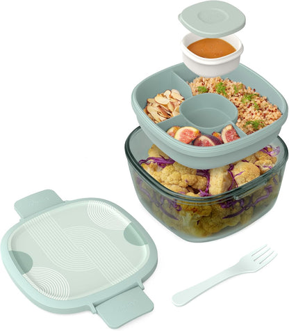 Bentgo Glass Prints Salad Container - 7.6-Cup Tinted Glass Salad Bowl with Airtight Lid, Leak-Proof Sauce Container, 4-Compartment Bento Meal Prep Tray & Reusable Fork (Floral Maximalist - Sea)