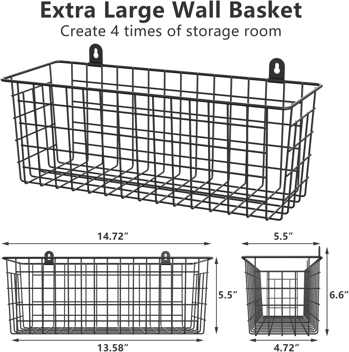 MaraFansie [Extra Large] Wire Basket Hanging Wall Organizer Cabinet Storage Basket Wall Mounted Shelves Rustic Farmhouse Decor for Home Kitchen Bathroom, BLACK