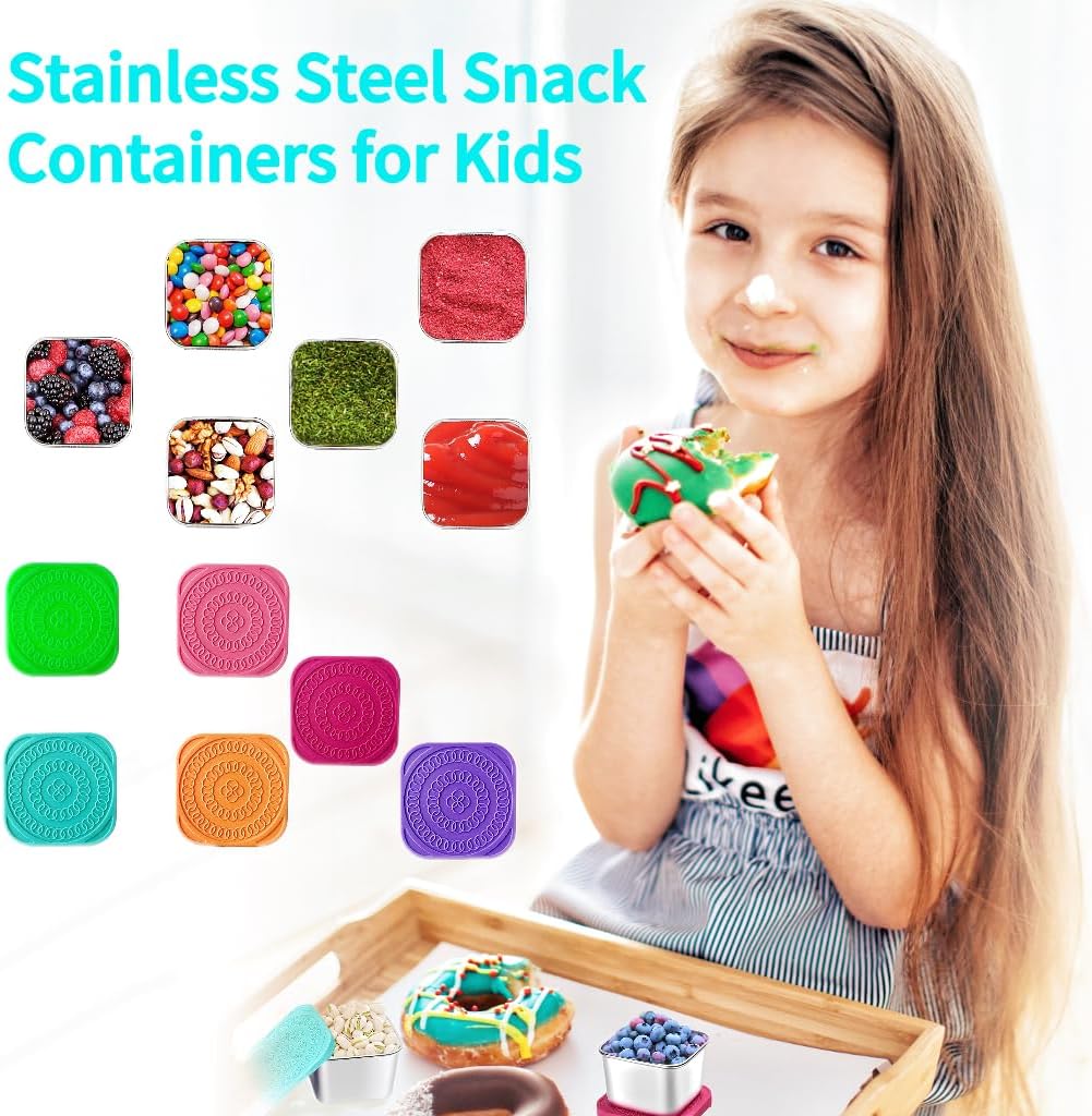 HTEVW 6Pack 6oz Stainless Steel Snack Containers for Kids, Easy Open Leak Proof Metal Toddler Snack Containers with Silicone Lids, Stackable Metal Toddler Lunch Box for Daycare, School and Travel