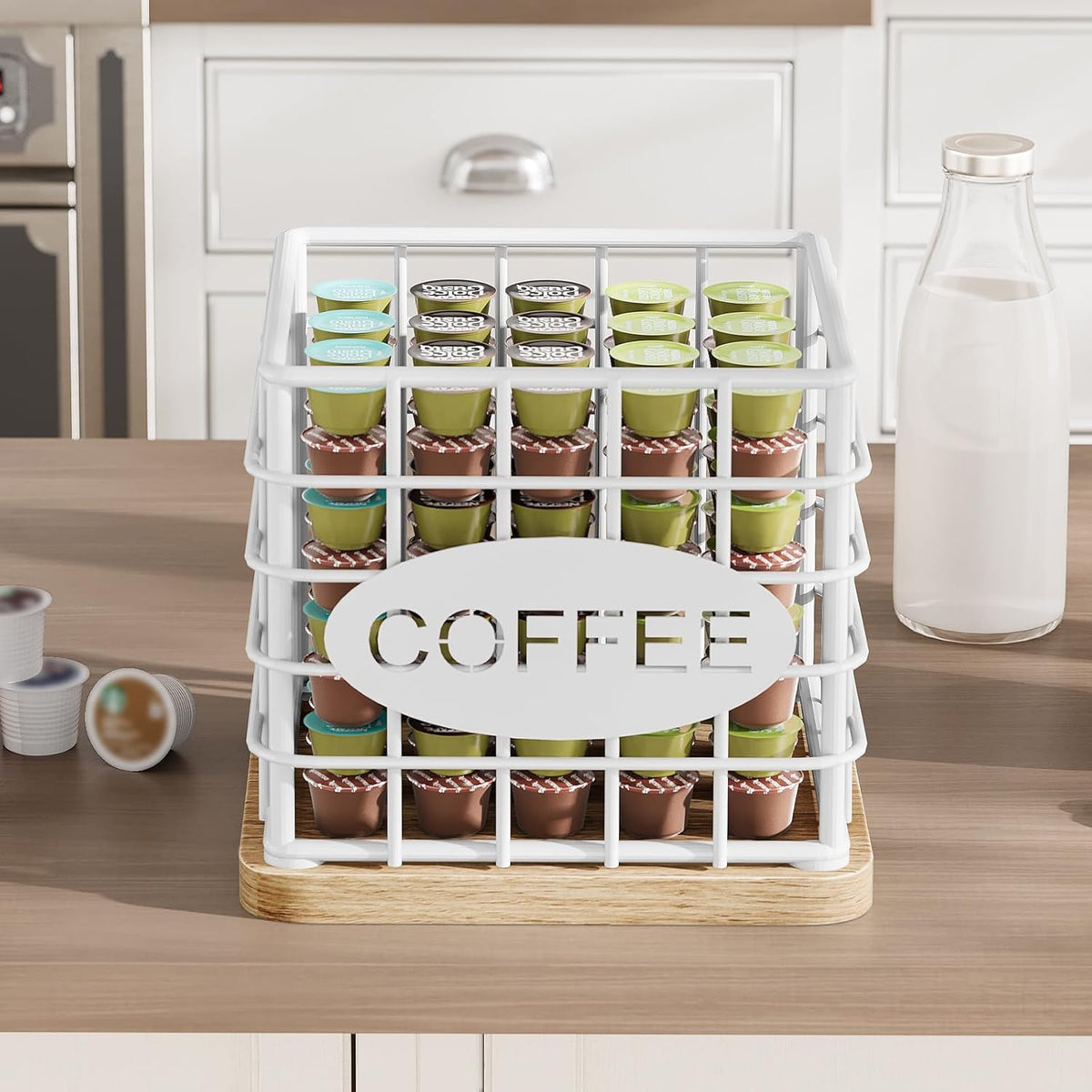 YATINEY Coffee Pod Holder for K Cup, Large Capacity Coffee Pod Organizer, Versatile Coffee Capsule Storage Basket with Wooden Base, White KH10WN