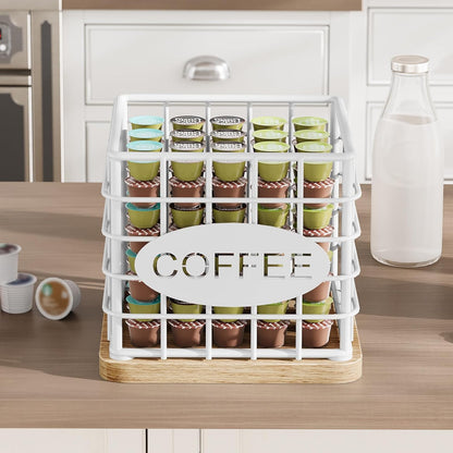 YATINEY Coffee Pod Holder for K Cup, Large Capacity Coffee Pod Organizer, Versatile Coffee Capsule Storage Basket with Wooden Base, White KH10WN
