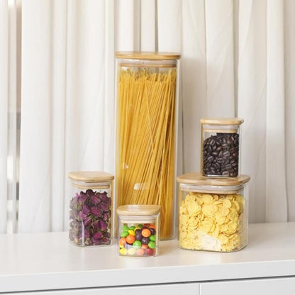 SHOWIN Glass Food Storage Jars Square 37oz, 4 Pack Glass Jars With Bamboo Lids, Kitchen Storage Containers For Spice, Candy, Cookie, Storage For Pantry Organizers