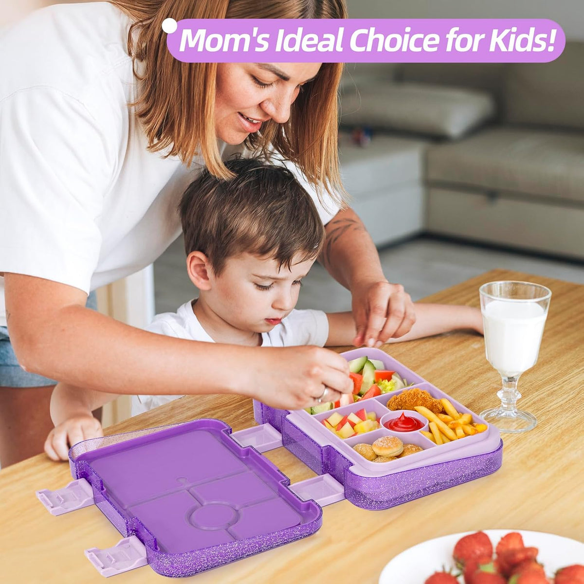 Bento Lunch Box for Kids, 6 Compartments BPA Free, Dishwasher Safe Back to School Snack Bento Lunch Containers Boxes, Ideal Portion Sizes for On-the-Go Meal, Ages 3+, School, Green Patterned