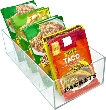 Seasoning Packet Organizer - Acrylic Packet Organizer Pantry for Sauces Spice Condiment Snack Packets with 4 Compartments, Clear Storage Caddy for Cabinet and Countertop.