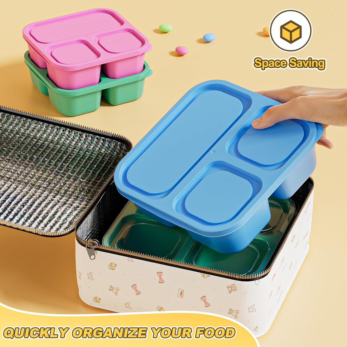 Canfanni 6 Pcs Snack Box Container Set, Reusable 3&4 Compartment Meal Prep Snack Containers for Adults Kids Toddler, BPA-Free Divided Lunchable Container for School, Work and Travel (5 Color)