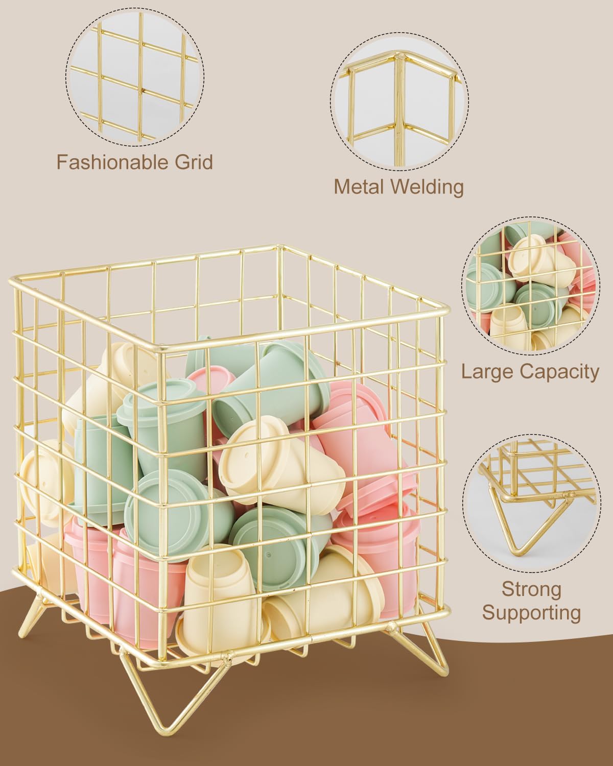 FantasyLife K Cup Holder Organizer, 5.3" x 5.3" x 6.3" Coffee Pod Storage Basket, Coffee Bar Accessories Metal Basket, Large Capacity Countertop Organizer for Kitchen Counter & Office Desktop (Gold)