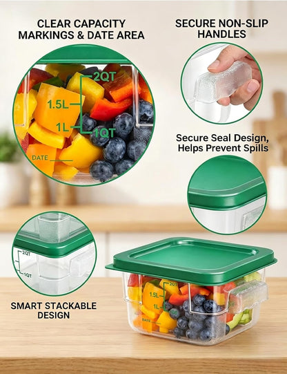 4 Pack 4QT Food Storage Containers with Green Lids, Clear Square Restaurant Commercial Food Storage Containers with Handle and Scale, Marinating Container Dough Rising Bucket for Home & Dining