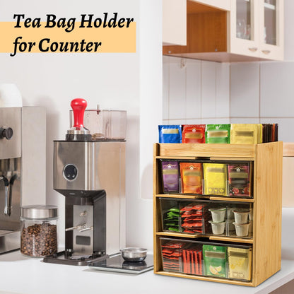 TIMIEEYA Tea Bag Organizer - Bamboo Tea Storage Organizer With Drawer 2 Layer, Tea Organizer for Tea Bags Natural Wood & Acrylic for Countertop Office Kitchen Cabinet Pantry