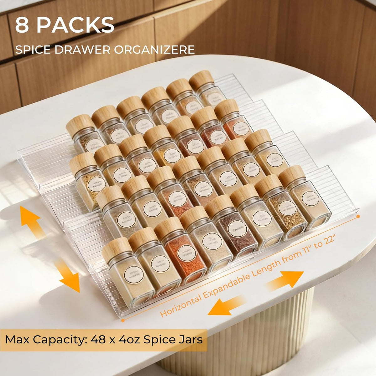 UFORU Acrylic Spice Drawer Organizer 4 Tier(4 Packs), Expandable from 11" to 22" Seasoning Organizer Tray for Kitchen - Clear Tiered Spice Rack for Drawer, No Assembly Required(Jars Not Included)
