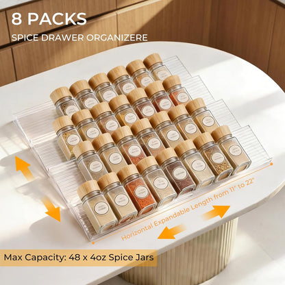 UFORU Acrylic Spice Drawer Organizer 4 Tier(4 Packs), Expandable from 11" to 22" Seasoning Organizer Tray for Kitchen - Clear Tiered Spice Rack for Drawer, No Assembly Required(Jars Not Included)