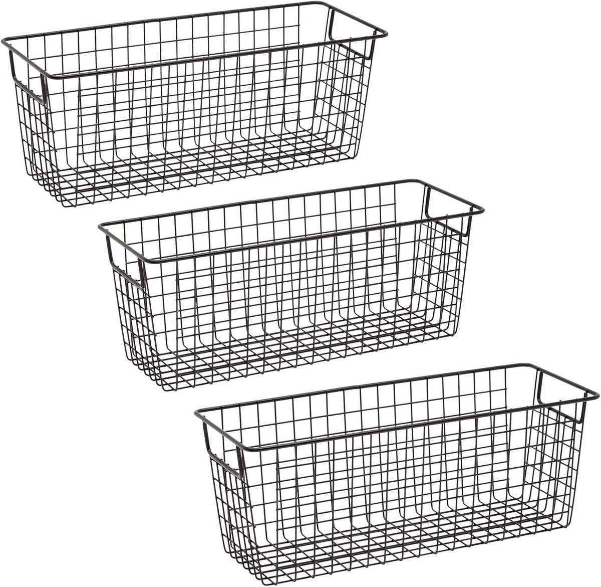 Farmlyn Creek Metal Wire Narrow Baskets - Rust-Resistant Pantry Organizer Storage - Sturdy Handles for Cabinet Organizer - Slim Profile for Narrow Storage - 3-Pack, 16 x 6 x 6 in, Black