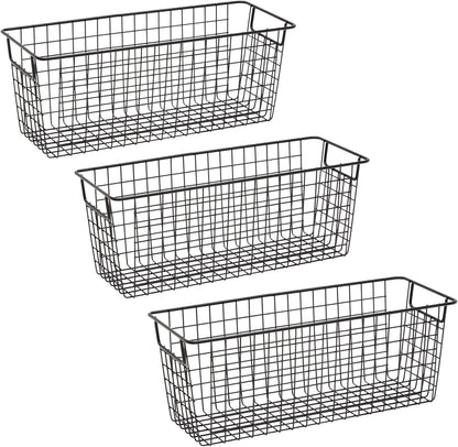 Farmlyn Creek Metal Wire Narrow Baskets - Rust-Resistant Pantry Organizer Storage - Sturdy Handles for Cabinet Organizer - Slim Profile for Narrow Storage - 3-Pack, 16 x 6 x 6 in, Black