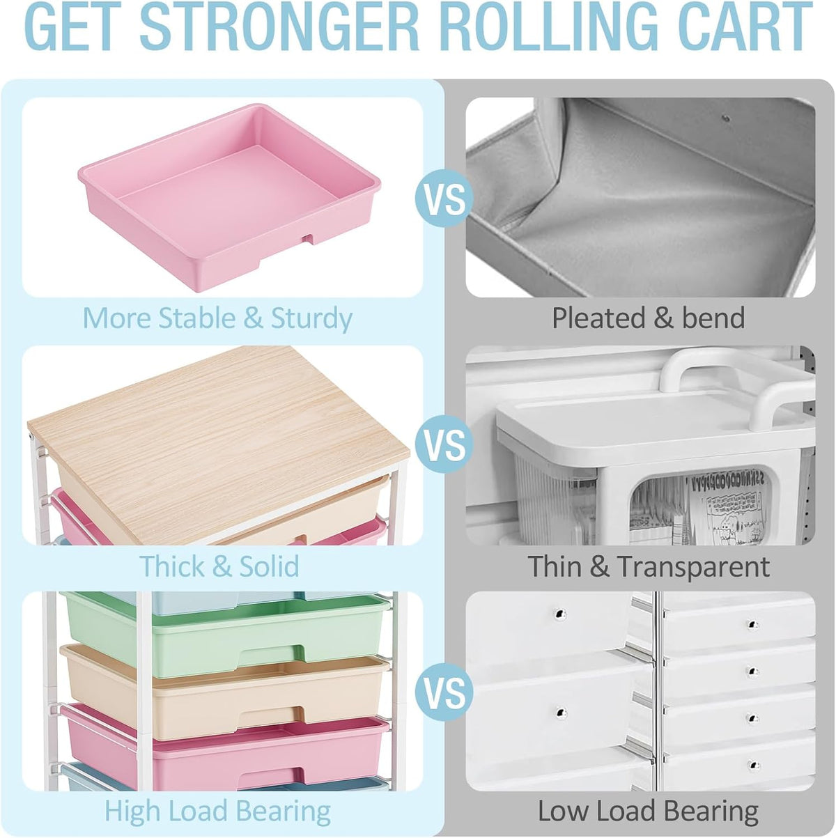 Rolling Cart with Drawers, Pink Cart with 8 Plastic Drawer Storage and Wooden Tabletop, Craft Storage, Teacher Cart, Storage Cart on Wheels, Rose Pink