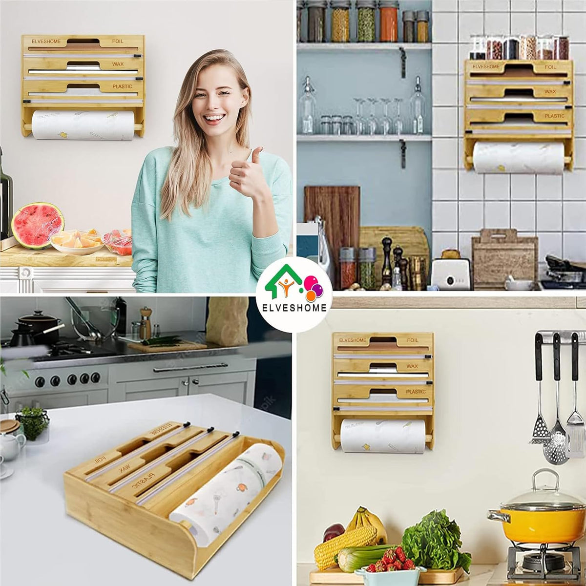 5 in 1 Foil and Plastic Wrap Organizer with Cutter, Plastic Wrap Food Dispenser with Paper Towel Holder for 12 inch Roll Wax Paper Parchment, Wall Mount Aluminum Foil Dispenser for Kitchen Storage