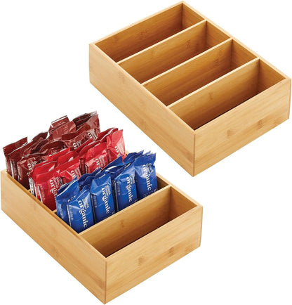 mDesign Bamboo Wood Compact Food Storage Organizer Bin Box - 4 Divided Sections - Holder for Seasoning Packets, Pouches, Soups, Spices, Snacks - Natural