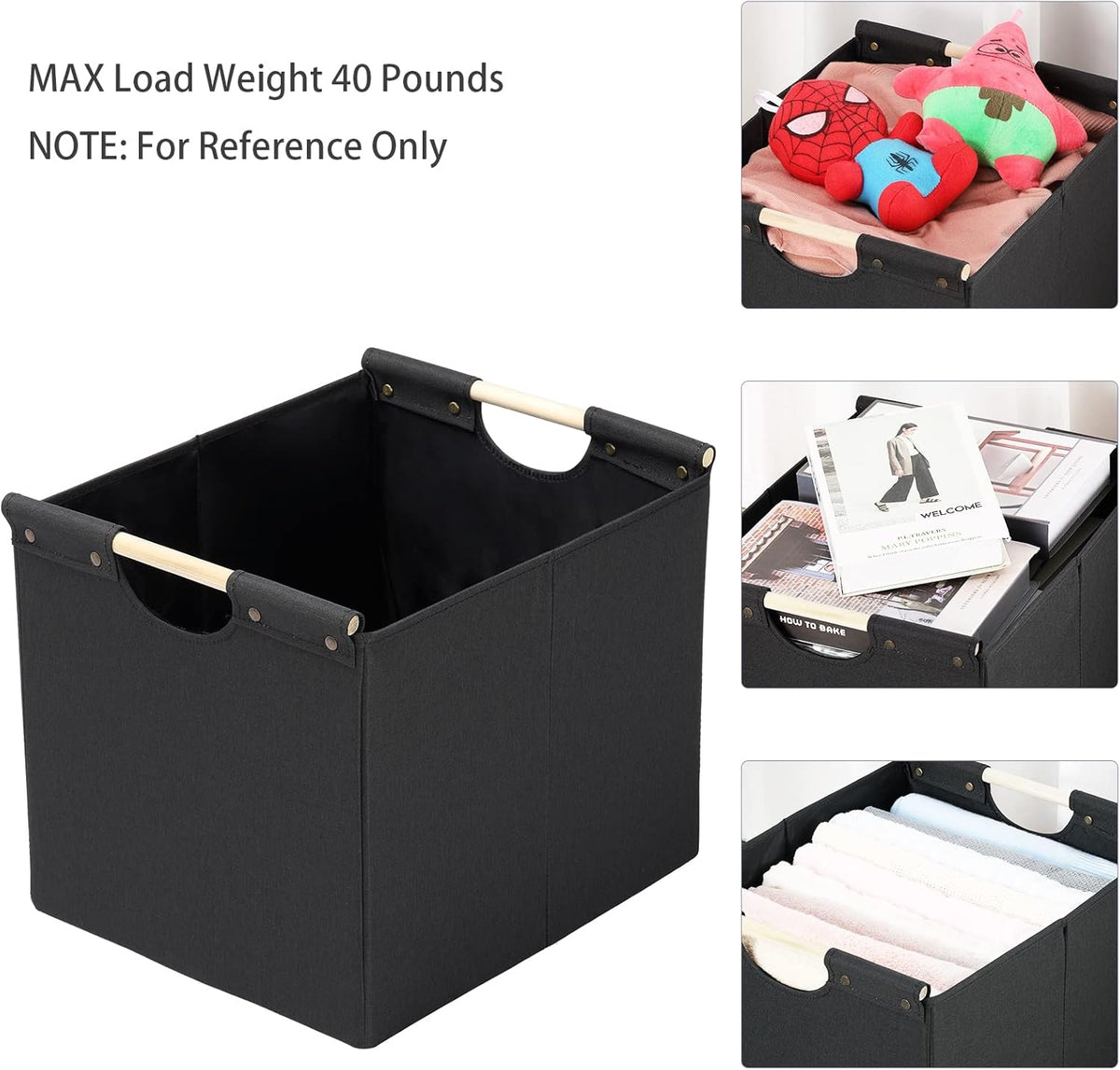 HOONEX Large Collapsible Storage Bins, Linen Fabric, Pack of 2, Storage Baskets with Wooden Carry Handles and Sturdy Heavy Cardboard, for Home, Office, Car, Nursery, Black