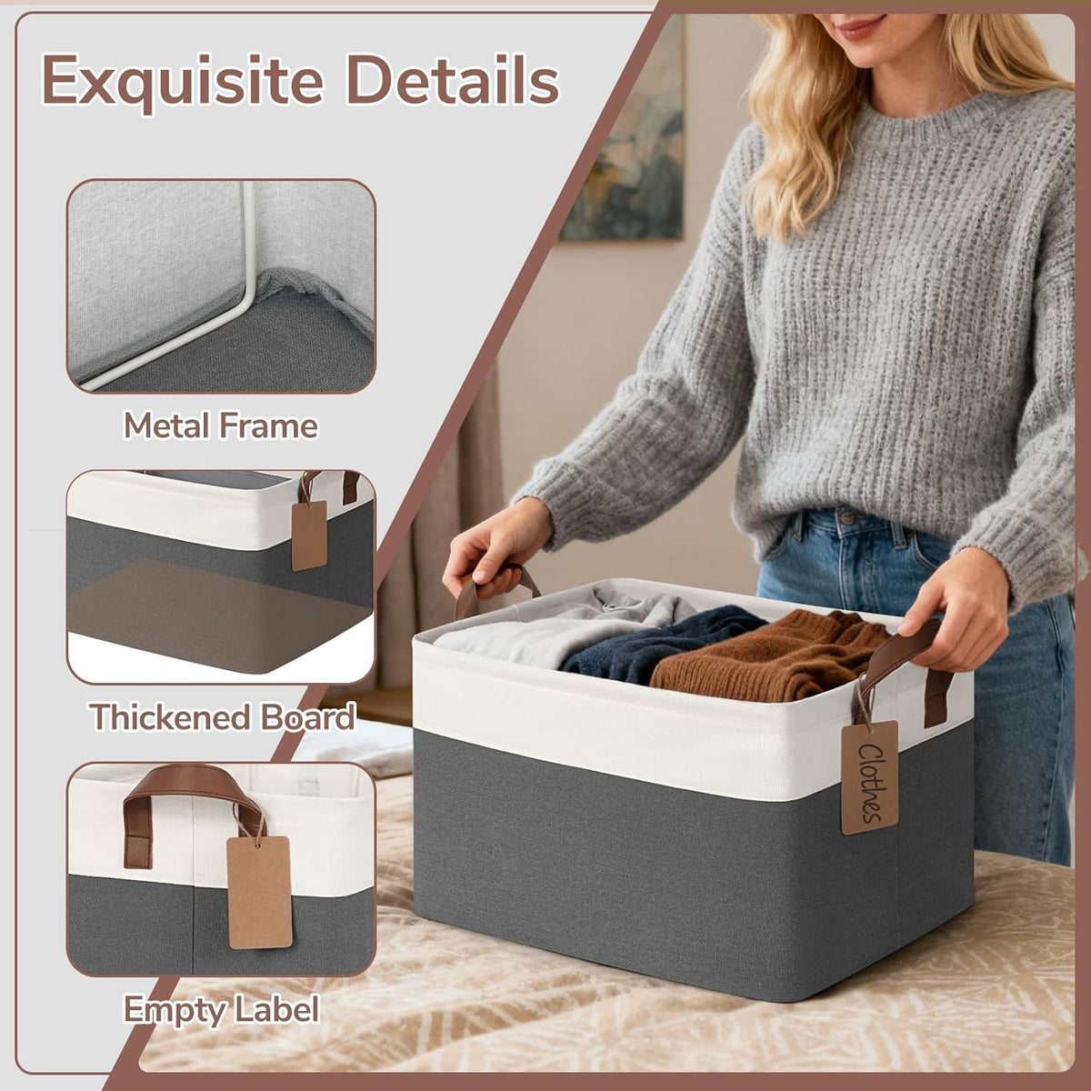 CHICVITA 4 Pack Large Storage Baskets for Shelves, Collapsible Closet Organizer Bins with Metal Frame, Fabric Storage Bins for Clothes Towels Organization, 16.8" x 11" x 9.8", Beige