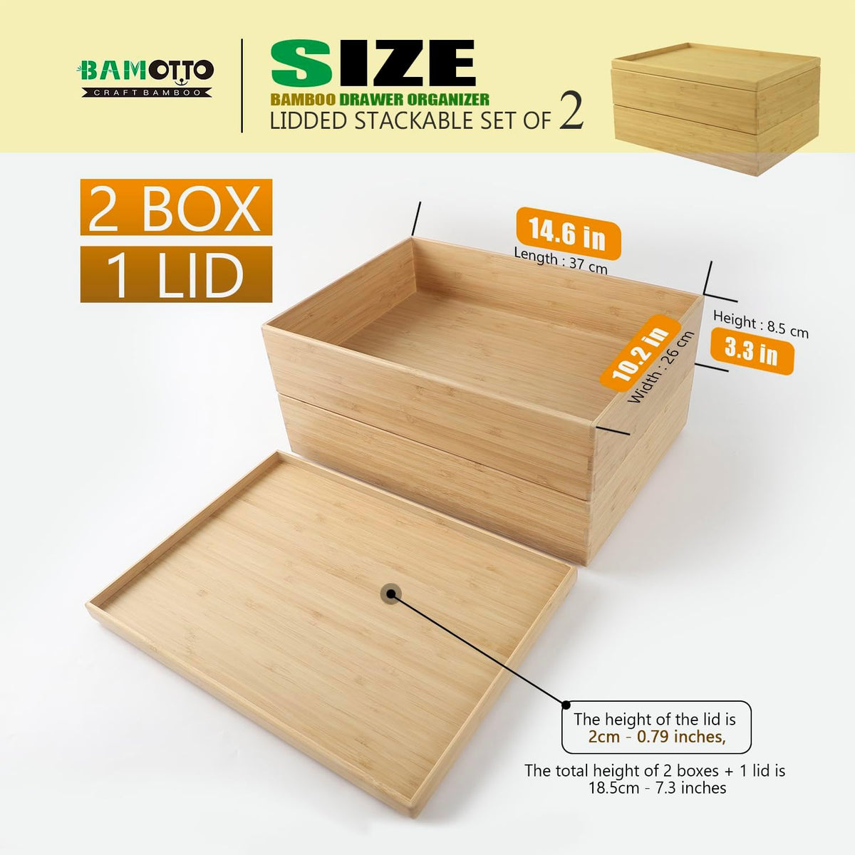 BAMOTTO CRAFTBAMBOO Stack Bamboo Drawer Organizer Set of 5, Kitchen Utensil, Flatware&Silverware Organizer-Wood Laminated Stackable for Kitchen, Bedroom, 13.4''x4.5''*2+10.2''x3.3''*2+10.2''x6.7''*1