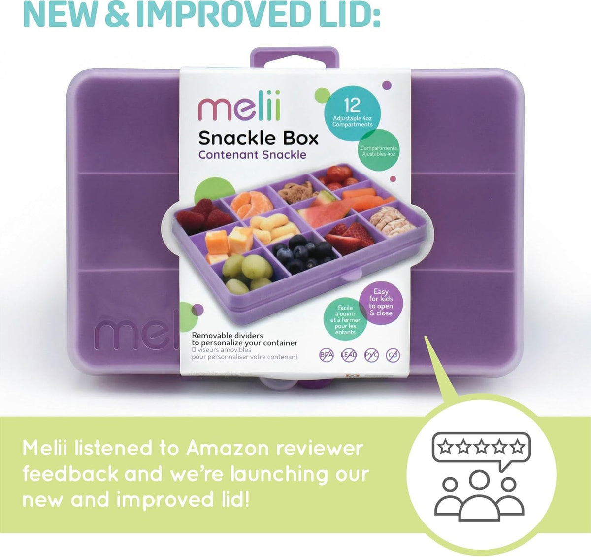 melii Snackle Box |12-Compartment Snack Container with Removable Dividers, BPA-Free Food Storage for Travel, School & On-the-Go Snacks, Kids & Family Organizer (Grey)