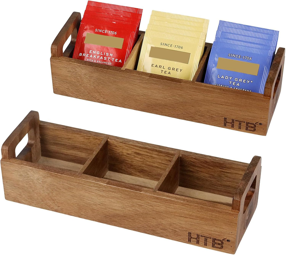 HTB Small Tea Bag Box Wooden, 3 Compartments Acacia Wood Tea Bag Chest with Handle, Mini Countertop Divided Storage Container for Beverage Supplies, Sugar, Sweeteners, Individual Packets