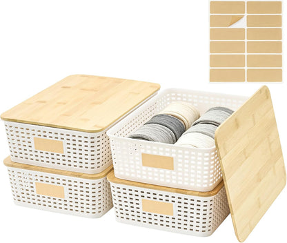 Bagnizer Small Plastic Storage Bins with Bamboo Lids 5.2qt Stackable Box Basket Pantry Decorative Containers Cute with Labels for Organizing Desktop Closet Office Cream White of 10*7.2*4.1"