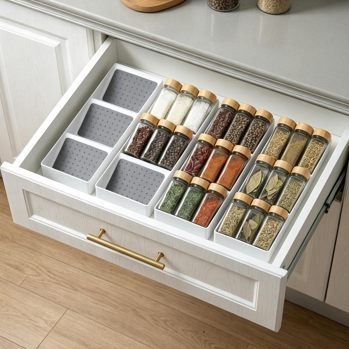 Spice Drawer Organizer,Silicone Seasoning Jar Drawer Insert,Spice Rack Organization for Drawer,Spice jar holder for drawer,Kitchen Spice Rack Tray for Cabinet Countertop Makeup Storage