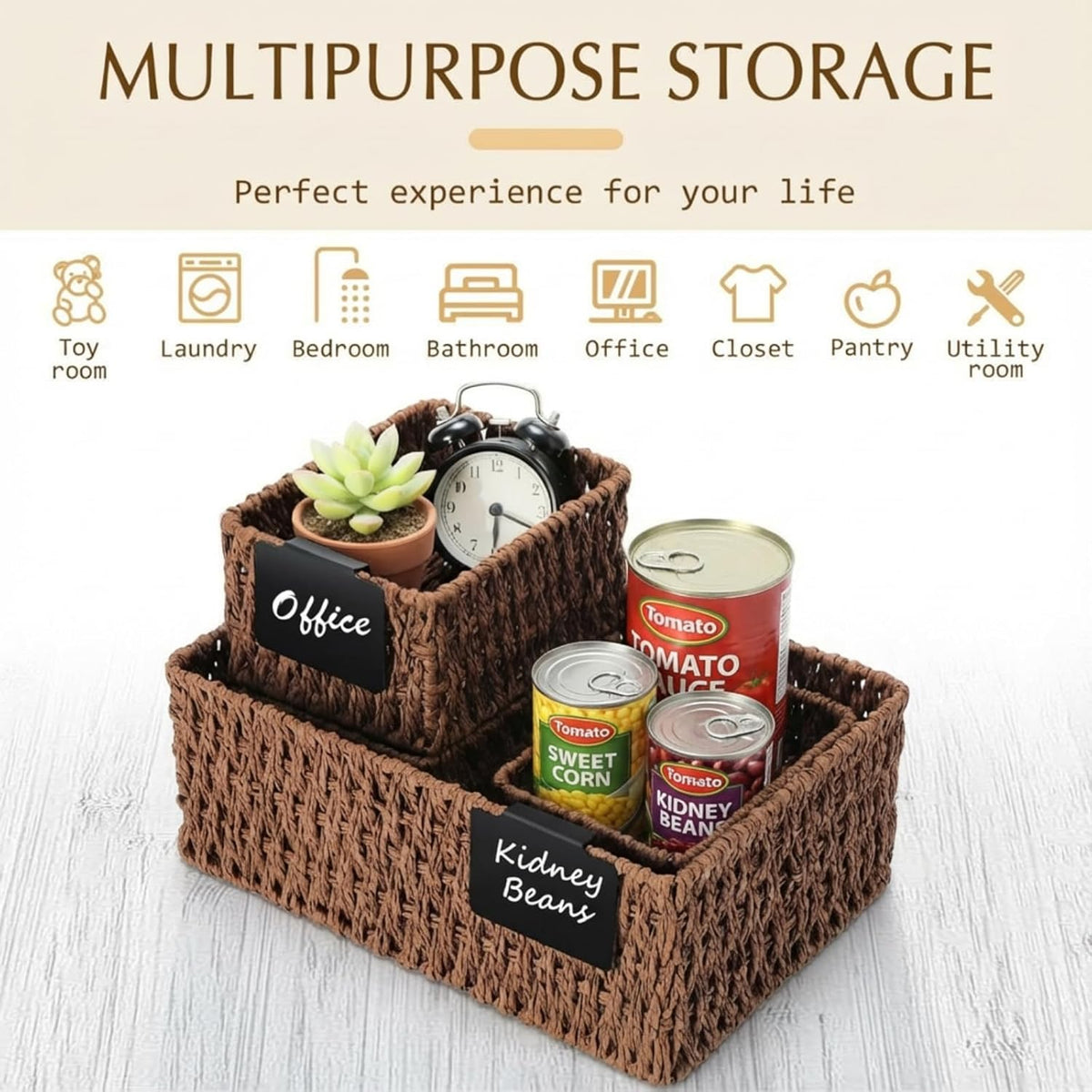 Marsui 6 Pcs Wicker Storage Baskets with Labels Handwoven Multi-size Brown Wicker Storage Bins for Organizing Small Baskets Container for Shelves Closet Pantry Toilet(Brown )