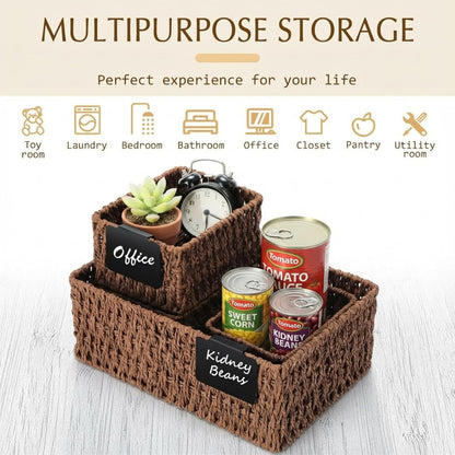 Marsui 6 Pcs Wicker Storage Baskets with Labels Handwoven Multi-size Brown Wicker Storage Bins for Organizing Small Baskets Container for Shelves Closet Pantry Toilet(Brown )