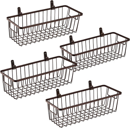 SheeChung Farmhouse Metal Wire Bin Basket with Wall Mount - Small, - Portable Hanging Wall Basket, Rustic Home Storage Organizer for Cabinets, Pantry, Closets, Bathroom, Kitchen,Bedroom(Black)