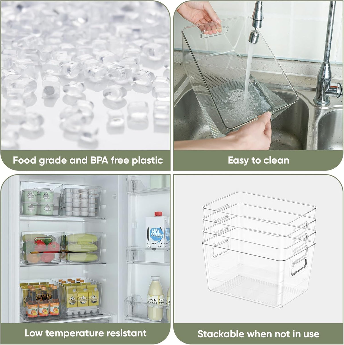 BALEINE Clear Plastic Storage Bins with 3 Removable Dividers, Pantry Organization, BPA Free Stackable Refrigerator Organizers and Storage for Kitchen Fridge Cabinet Bathroom (10.5x6.1x3.5, 4PK)