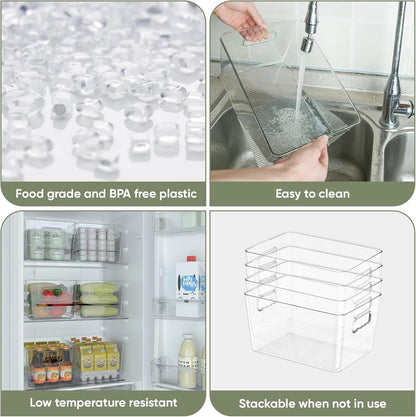 BALEINE Clear Plastic Storage Bins with 3 Removable Dividers, Pantry Organization, BPA Free Stackable Refrigerator Organizers and Storage for Kitchen Fridge Cabinet Bathroom (10.5x6.1x3.5, 4PK)
