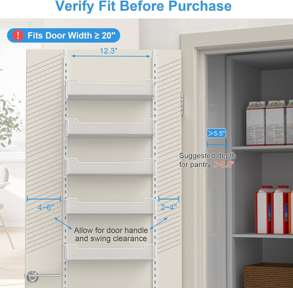 VyGrow 12.3" W Narrow Over the Door Pantry Organizer, 6-Tier Over the Door Organizer with Adjustable Basket, Pantry Door Organization for Pantry Kitchen Storage Room Spice Rack, White