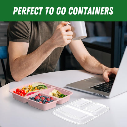 50 Pack (100-Piece) 32 oz Meal Prep Containers Reusable with Lids 3-Compartment, To Go Take Out Plastic Food Storage Containers, Sturdy Leakproof Food Safe, Microwave Freezer Dishwasher Safe, Black