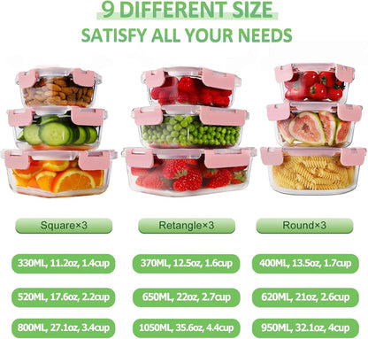 HOMBERKING 18 Piece Glass Food Storage Containers with Lids, Glass Meal Prep Containers, Airtight Lunch Bento Boxes, BPA-Free & Leak Proof, Oven, Freezer and Dishwasher Safe (9 lids & 9 Containers)