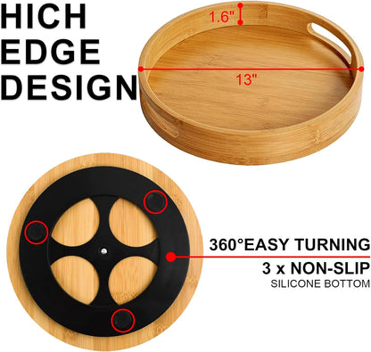 Acacia Wooden Lazy Susan for Table Top-12 Inch Wooden Lazy Susan Turntable with Double Handle-Large Acacia Wooden-Spice Organizer for Countertop, Table, Cabinet