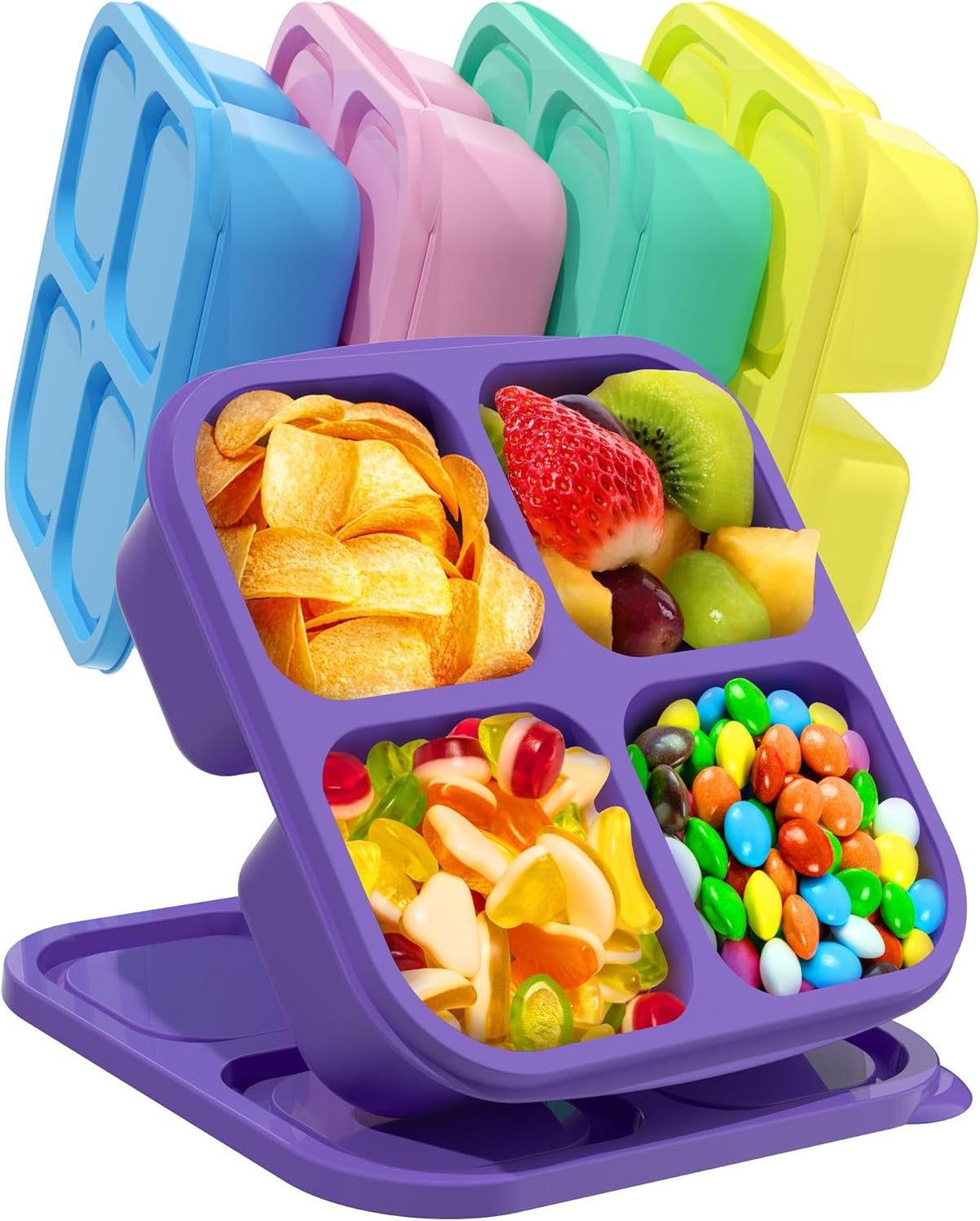 Canfanni 5 Pack Bento Snack Containers, 4 Compartment BPA-free Plastic Food Storage Containers, Divided Lunchable Container, Bento Lunch Box for Work and Travel