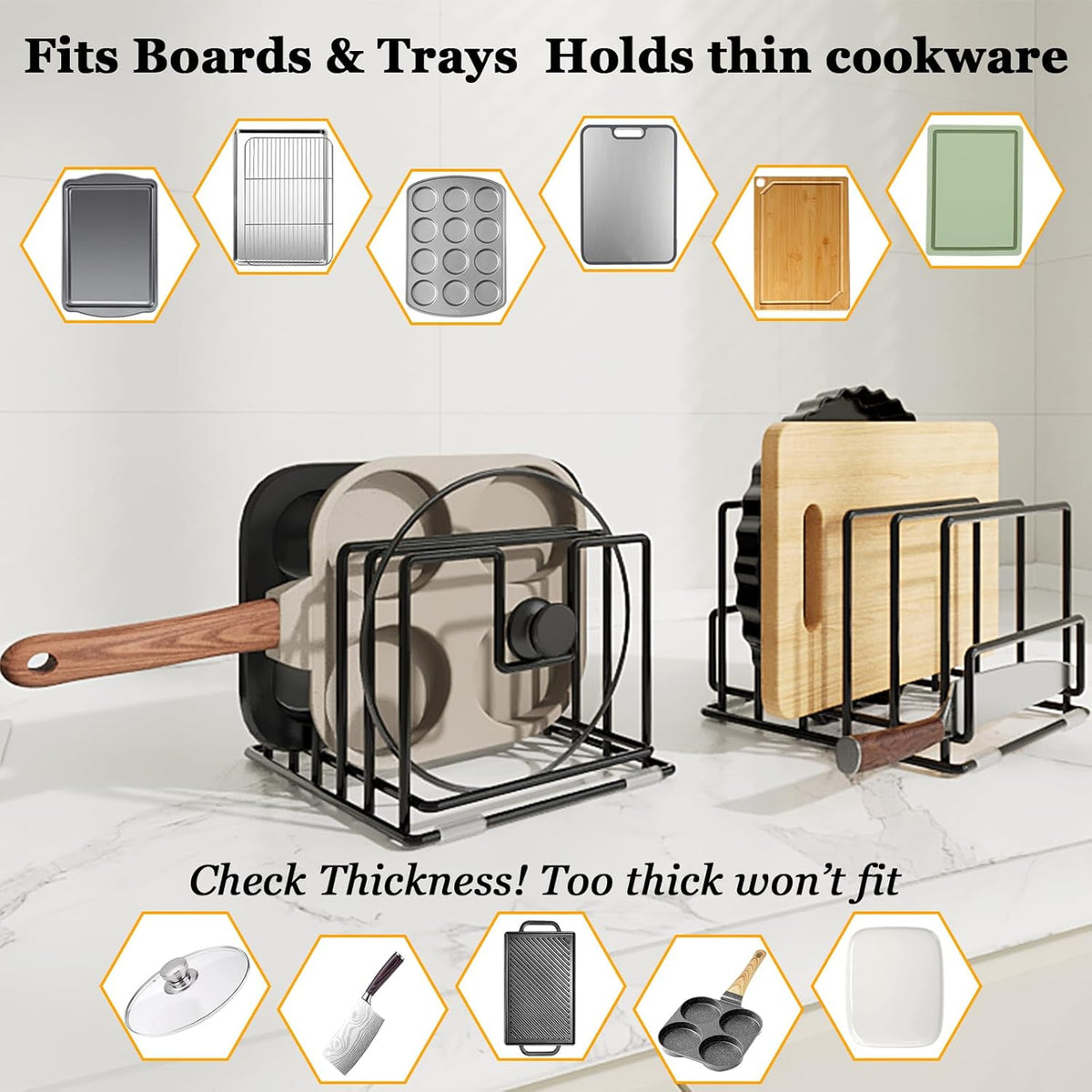 Cutting Board Organizer Rack with 7 Compartments, Heavy-Duty Iron Pan and Baking Sheet Organizer, Kitchen Cabinet Storage Rack with Non-Slip Base, Space-Saving Pot Lid Holder for Countertop & Pantry