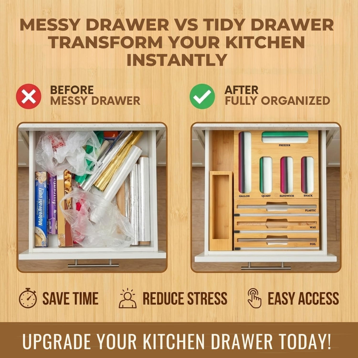 9 in 1 Storage Bag Organizer for Kitchen Drawer, Foil and Plastic Wrap with Cutter, Organizers Compatible Gallon, Quart, Sandwich Snack