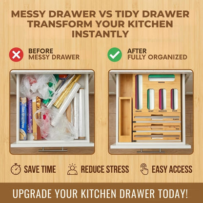 9 in 1 Storage Bag Organizer for Kitchen Drawer, Foil and Plastic Wrap with Cutter, Organizers Compatible Gallon, Quart, Sandwich Snack