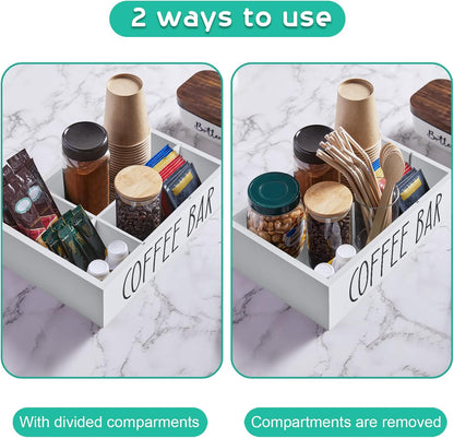 ALELION Coffee Station Organizer - Wood Countertop Accessories Organizer with Removable Dividers for Pods Condiment Syrup Tea Cups Stirrers - for Farmhouse Coffee Bar Decor
