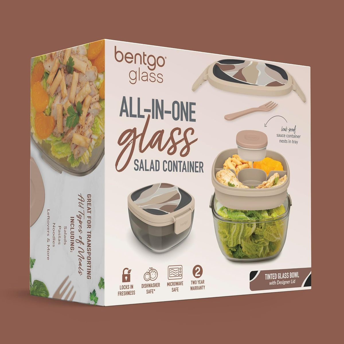 Bentgo Glass Prints Salad Container - 7.6-Cup Tinted Glass Salad Bowl with Airtight Lid, Leak-Proof Sauce Container, 4-Compartment Bento Meal Prep Tray & Reusable Fork (Floral Maximalist - Sea)