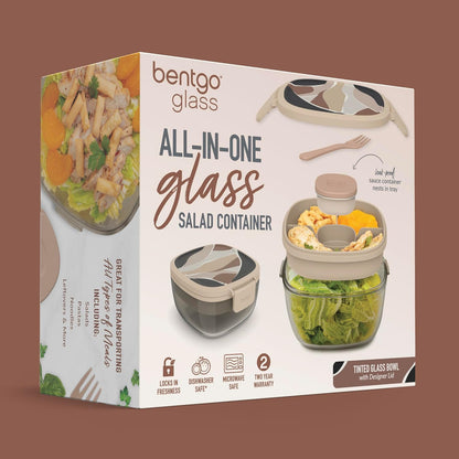 Bentgo Glass Prints Salad Container - 7.6-Cup Tinted Glass Salad Bowl with Airtight Lid, Leak-Proof Sauce Container, 4-Compartment Bento Meal Prep Tray & Reusable Fork (Floral Maximalist - Sea)