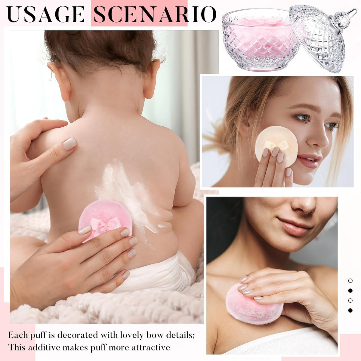 Tioncy 3 Pcs Large Body Powder Puff and Container Valentine's Day gift Powder Container with Puff Crystal Case Soft Washable Reusable Velour Face Body Glitter Wet Dry Makeup (Classic,Clear)
