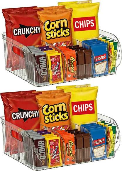 Large Snack Organizer for Countertop, 13.7"×9.3"×6" Clear Plastic Snack Storage Bin for Kitchen Pantry, 6 Compartment Snack Bar with Dividers for Cabinet, Chip Packet Holder for Office