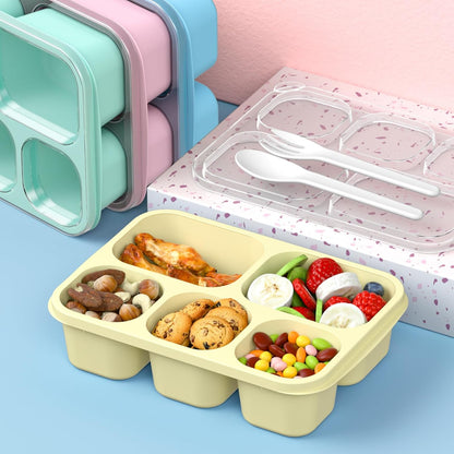 Bento Box Adult Lunch Box - 4 Pack, 5 - Compartment Meal Prep Container for Kids, Reusable Food Storage Snack Containers - Stackable for School, Work, and Travel (Wheat(Green/Blue/Pink/Beige))